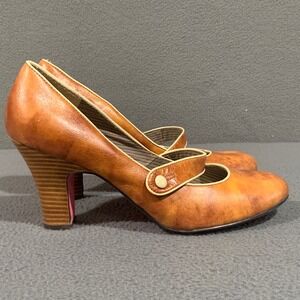 Kenzie Womens Mary Jane Pumps Cognac Brown Leather Round Toe Heels Size 9M